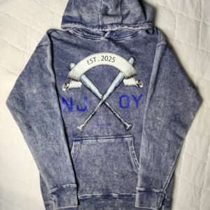 Acid-wash hoodie with crossed hockey sticks and 'Hockey' text.