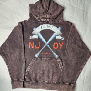 Brown hooded sweatshirt with crossed hockey sticks and 'NJ JOY' text.
