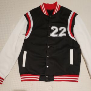 Black varsity jacket with white sleeves and number 22.