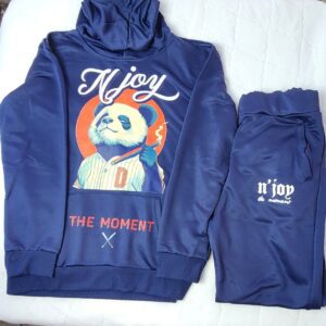Blue hoodie and sweatpants set with a cartoon character and motivational text.