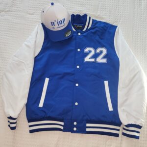 Blue and white varsity jacket with number 22 and matching cap.
