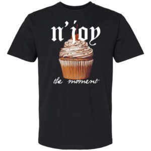 Black T-shirt with cupcake illustration and 'n'joy the moment' text.