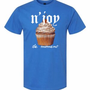 Blue T-shirt with a cupcake and French text design.
