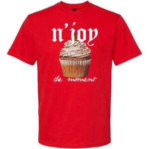 Red t-shirt with a cupcake and 'n'joy the moment' text design.