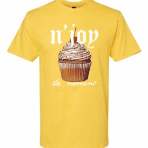 Yellow shirt with cupcake and 'n'lop' text design.