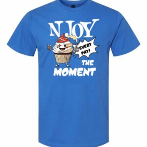 Blue graphic t-shirt with cartoon characters and motivational text.