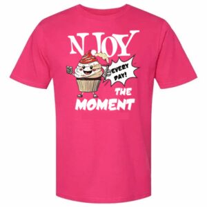Bright pink T-shirt with a playful design and motivational text.