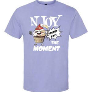 Light purple T-shirt with cartoon dog and joyful text design.
