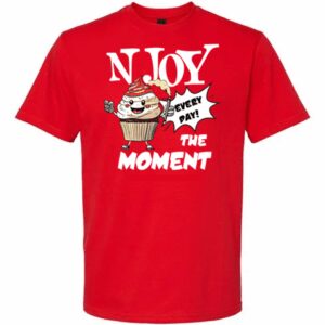 Red T-shirt with a cartoon and motivational text.