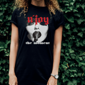 Person wearing a black t-shirt with a bold graphic and text design.
