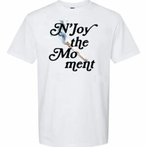 White T-shirt with black gothic text saying 'Enjoy the Moment'.
