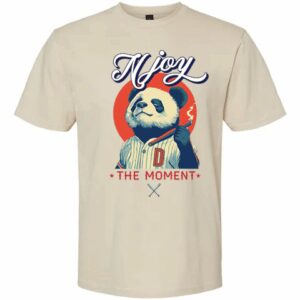 Beige T-shirt with colorful panda graphic and inspirational text.