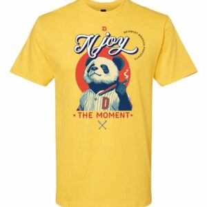 Yellow t-shirt with a playful panda and 'Enjoy the Moment' text.