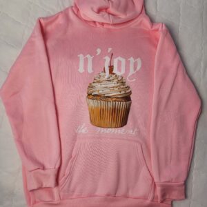 Pink hoodie with a cupcake and the word 'hope' printed on it.