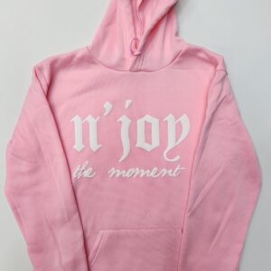 Pink hoodie with 'n'joy the moment' text in white.