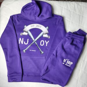 Purple hoodie and sweatpants with crossed baseball bats and NJ Joy text.