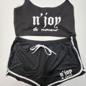 Black two-piece athletic outfit with white text and trim.