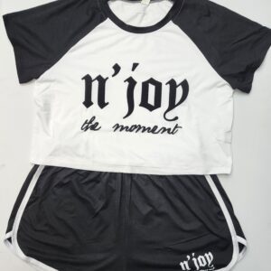 Black and white casual sportswear set with motivational text.