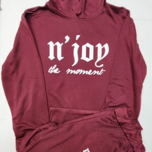 Maroon hoodie with "n'joy the moment" text printed on the front.