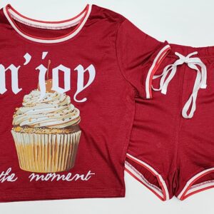 Red pajama set with cupcake print and white laces.