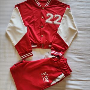 Red and white varsity jacket with matching shorts.